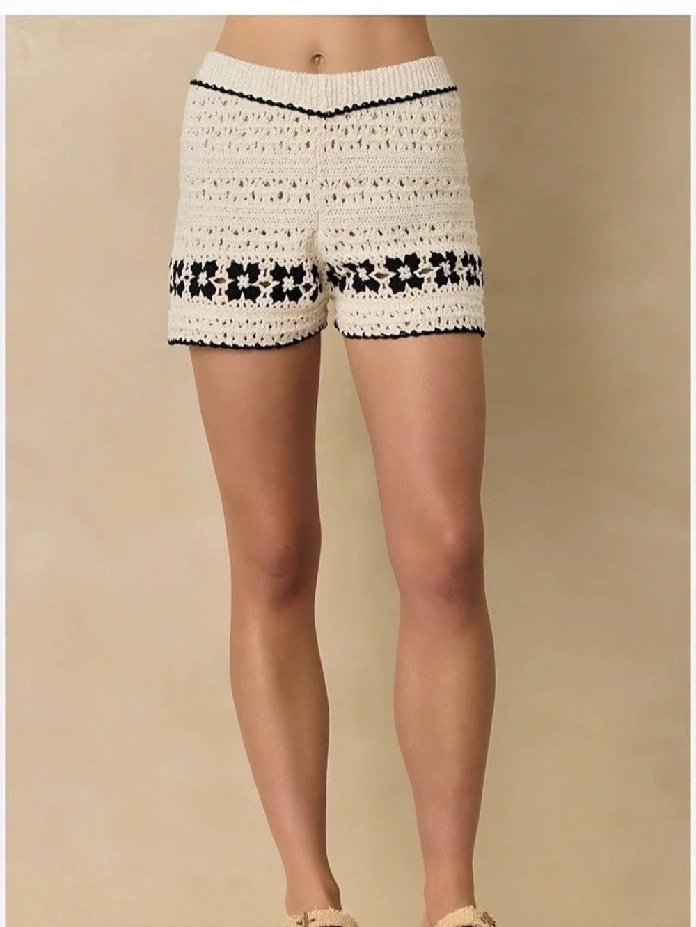 Vintage Havana cottagecore coquette Boho Crochet Floral Shorts Cream Black